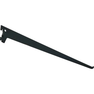 Czarny metalowy wspornik kątowy, 40 cm, do systemów regałowych i organizacji szafy.