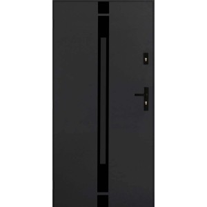 Nowoczesne, czarne drzwi zewnętrzne z linearnym wzorem i klamką.