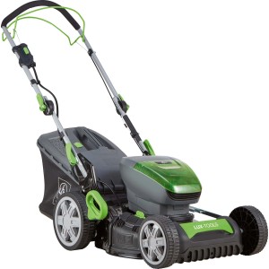 Zestaw kosiarki akumulatorowej LUX-TOOLS A-RM-46-24 z 2 akumulatorami, szaro-zielony, z koszem.