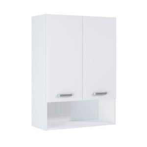 Biała szafka wisząca do zestawów mebli łazienkowych z dwojgiem drzwi i otwartą półką.