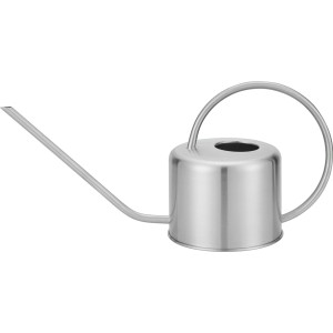 Srebrna metalowa konewka t.b.t. z długim dzióbkiem i okrągłym uchwytem.