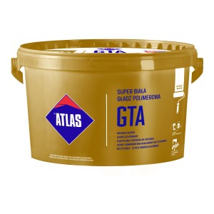 Wiadro z białą polimerową masą szpachlową GTA firmy Atlas do ścian.