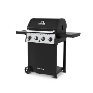 Czarny grill gazowy z półkami bocznymi i czterema palnikami.