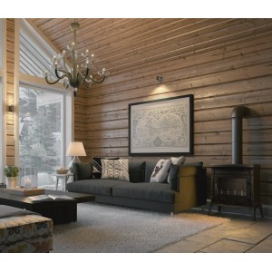 Przytulny salon z piecem na drewno i drewnianą ścianą. Dekoracyjne wnętrze.