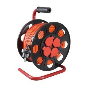 Przedłużacz na bębnie z pomarańczowym kablem, czarną obudową i czerwoną ramą.