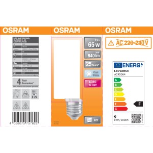 Żarówka LED E27 Osram, 9W, 940 lumenów, zimna biel, klasa energetyczna F.