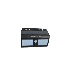 Czarna solarna lampa ścienna z czujnikiem ruchu do użytku zewnętrznego.