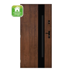 Brązowe drzwi zewnętrzne z czarnymi akcentami i okuciami.