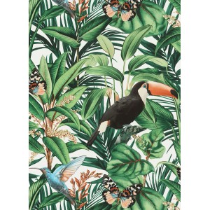 Tapeta flizelinowa Erismann Paradisio 2: Motyw dżungli z tukanem, kolibrem, motylami i tropikalnymi liśćmi.