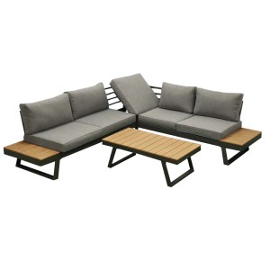 Szary zestaw mebli ogrodowych t.b.t. z narożną sofą, stołem i drewnianymi półkami.