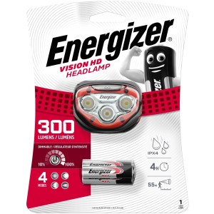Energizer Vision HD Latarka czołowa z bateriami 3xAAA, 300 lumenów, 4 tryby, wodoodporna.