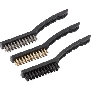 Zestaw szczotek drucianych, 3-częściowy: Szczotka stalowa, mosiężna i poliamidowa z czarną rączką z tworzywa sztucznego.