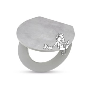 Deska sedesowa t.b.t. z ilustracją kreskówkową mężczyzny z gazetą i papierem toaletowym.