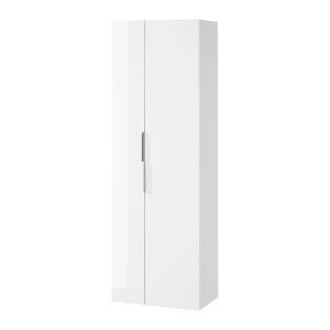 Wysoka szafka łazienkowa t.b.t., biała, z dwojgiem drzwi.