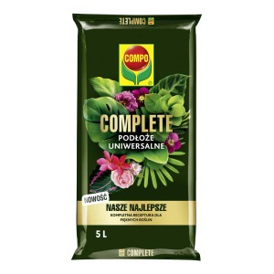 Worek ziemi uniwersalnej COMPO Complete 5L z motywem roślinnym.