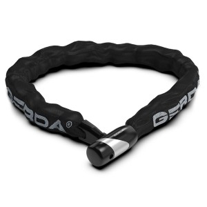 Czarny zamek rowerowy t.b.t. z łańcuchem i zamkiem cylindrycznym.