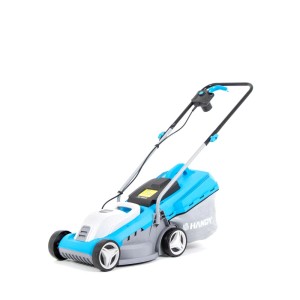 Niebiesko-szara kosiarka elektryczna t.b.t. z koszem na trawę.