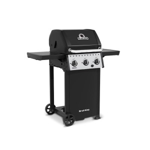 Czarny grill gazowy t.b.t. z trzema palnikami i półkami bocznymi.