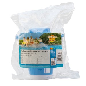 Pływający dozownik Summer Fun do środków do pielęgnacji wody, niebiesko-biały, do dozowania chloru w basenie.