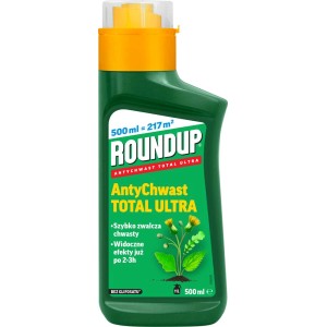 Roundup Total Ultra środek na chwasty w zielonej butelce z żółtą nakrętką.