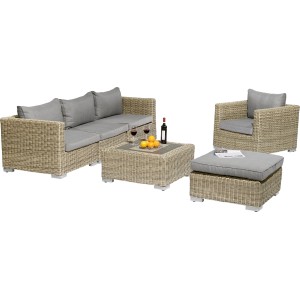 Zestaw modułowy OBI Stratford: sofa 2-osobowa, fotel, taboret i stół z naturalnego polirattanu.