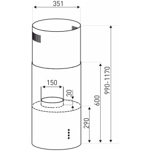 Rysunek techniczny okapu wyspowego z wymiarami.