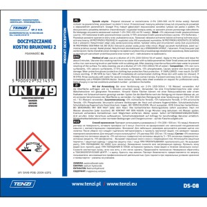Etykieta płynu czyszczącego t.b.t. do kostki brukowej z ostrzeżeniami o zagrożeniach.