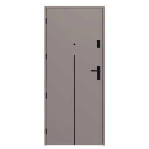 Nowoczesne szare drzwi wewnętrzne z czarną klamką i wąskim paskiem dekoracyjnym.