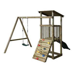 Drewniana wieża do zabawy z huśtawką, ścianką wspinaczkową i zjeżdżalnią dla dzieci.