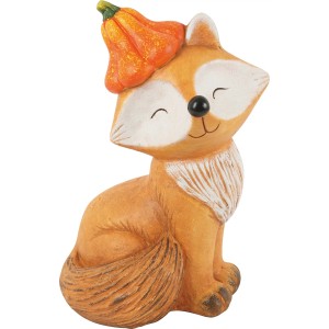 Dekoracyjna figurka ogrodowa: Uśmiechnięty lis z dynią na głowie.