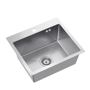 Zlewozmywak t.b.t. ze stali nierdzewnej, kwadratowy z armaturą odpływową.