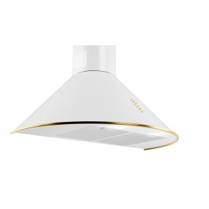 Biały okap ścienny z złotymi akcentami.