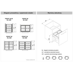 Rysunek techniczny systemu organizacji kuchennej: wymiary i instrukcje montażu.
