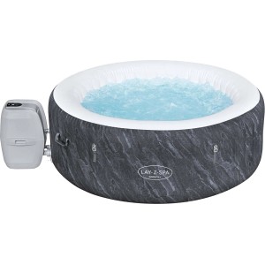 Okrągła, nadmuchiwana wanna z hydromasażem z szarym efektem marmuru i białym wewnętrznym brzegiem, wypełniona wodą.