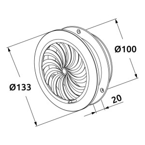 Rysunek techniczny: Okrągły wentylator t.b.t., średnica 100/133 mm, głębokość 20 mm.