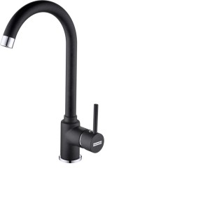 Czarna bateria jednouchwytowa z wysoką wylewką do kuchni.