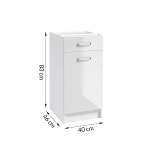 Biała szafka dolna kuchenna z zestawu mebli kuchennych t.b.t. z szufladą i drzwiami, wymiary zaznaczone.