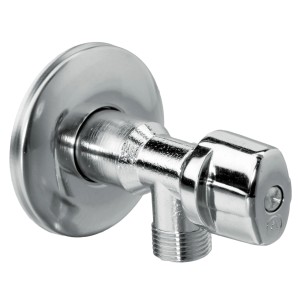 Błyszczący metalowy zawór kątowy, odpowiedni do instalacji hydraulicznych.