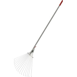 Grabie wachlarzowe z 15 zębami i teleskopowym trzonkiem do usuwania liści i skoszonej trawy w ogrodzie.