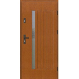 Nowoczesne drzwi zewnętrzne w kolorze drewna z szybą i pionowymi listwami dekoracyjnymi.
