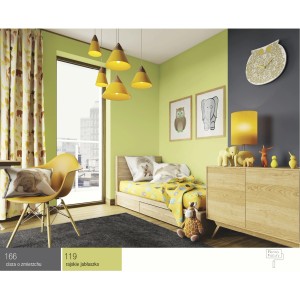 Pokój dziecięcy w odcieniach zieleni i żółci z kolorowymi farbami do ścian.