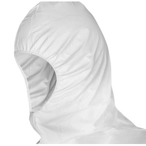 Zbliżenie kaptura kombinezonu jednorazowego XL, biała odzież ochronna dla majsterkowiczów i budownictwa.