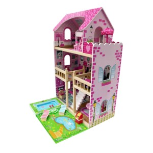 Różowy drewniany domek dla lalek z basenem i meblami dla dzieci, zabawka dla dziewczynek.
