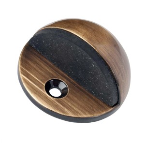 Okrągły odbojnik do drzwi w kolorze brązu z gumową wkładką i otworem montażowym.