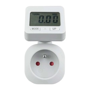 Biały licznik elektryczny t.b.t. do gniazdka, do pomiaru zużycia.