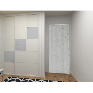 Składane drzwi o wyglądzie jasnego drewna jako ścianka działowa obok drzwi przesuwnych.