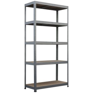 Szary regał t.b.t. z pięcioma półkami do przechowywania w magazynie i piwnicy.