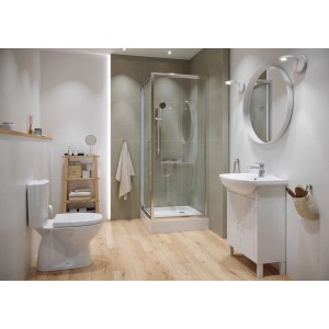 Nowoczesna łazienka z WC kompaktowym, prysznicem i umywalką.