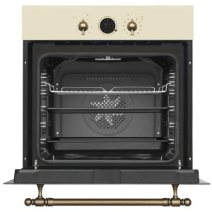 Otwarty piekarnik do zabudowy t.b.t. w kolorze beżowym i czarnym z pokrętłami i wnętrzem.