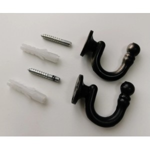 Dwa czarne haczyki do zasłon t.b.t. ze śrubami i kołkami do karniszy.